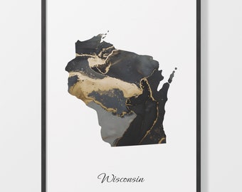 Impresión de arte de Wisconsin, cartel de mapa de Wisconsinita, obra de arte elegante del país, pintura de WI en negro y oro, impresión de pan de oro, C25-248