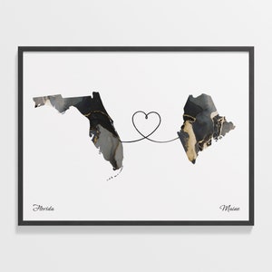 Print Florida naar Maine, cadeau Mainer, marmeren poster kaart twee landen, reiskunst, LDR, C22-1320