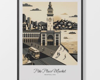 Pike Place Poster, Beige Seattle Market Illustration With Clock Tower