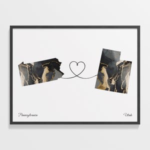 State Connection Map Print, Pennsylvania Utah Marble Effect Travel Art