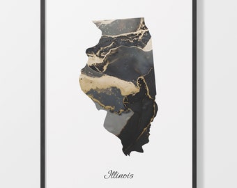 Illinois Map Art Print: Black and Gold Abstract State Decor