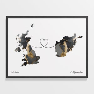 Großbritannien nach Afghanistan Druck, afghanischer Geschenk, Marmor zwei Länder Karte Poster, Wandkunst Großbritannien, Faraway Love Karte, C22-200
