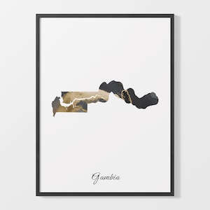 Gambia Art Print, Gambian Map Poster, Elegant Country Artwork, Black and Gold GM Painting, Brushed metal look, C25-65