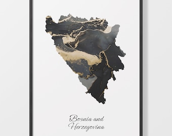 Bosnia and Herzegovina Art Print, Bosnian Map Poster, Elegant Country Artwork, Black and Gold BA Painting, Gold accent art, C25-23