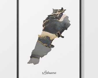 Lebanon Map Art Print: Black and Gold Country Artwork