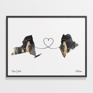 New York to Maine Print, Mainer Geschenk, Marmor Zwei Länder Karte Poster, Reisekunst, Haus im Ausland Geschenk, C22-1372