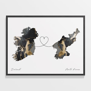 Ireland to North Korea Print, Nigerian Gift, Marble Two Countries Map Poster, Travel Art, Goodbye Map, C22-1130