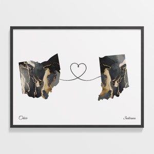 Ohio Indiana Druck, Hoosier Geschenk, Marmor Zwei Länder Karte Poster, Reise Kunst, Auslandsgeschenk für Studieren, C22-1522