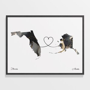 Print Florida naar Alaska, cadeau Alaska, marmer twee landen kaart poster, reiskunst, nieuw huis, C22-1299