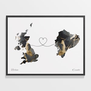 Großbritannien nach Ecuador Druck, Ecuador Geschenk, Marmor zwei Länder Karte Poster, UK Wandkunst, Digitale Nomaden Karte, C22-251