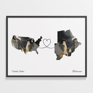 USA to Botswana Print, Motswana Geschenk, Marmor Zwei Länder Karte Poster, US Wandkunst, Freundschaft, C22-24