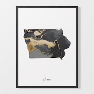 Impresión de arte de Iowa, cartel de mapa de Iowa, obra de arte elegante del país, pintura IA negra y dorada, impresión de mapa artesanal, C25-212