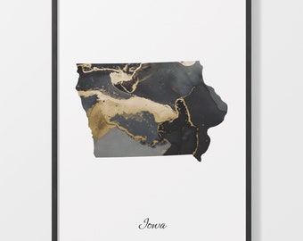 Iowa Map Art Print: Black and Gold Abstract Painting