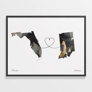 Print Florida naar Indiana, Hoosier-cadeau, marmeren kaartposter twee landen, reiskunst, relatie, C22-1314