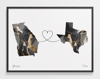 Georgia to Texas Map Print: Marble Two-State Connection Art