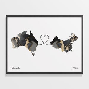 Australia to China Print, Chilean Gift, Marble Two Countries Map Poster, Travel Art, Goodbye Map, C22-833