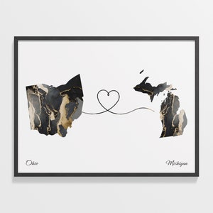 Ohio to Michigan Print, Michigander Gift, Marble Two Countries Map Poster, Travel Art, Live Abroad Map, C22-1529
