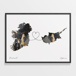 Landkarte von Irland nach Zypern, Nordzypern Geschenk, Marmor Zwei Länder Karte Poster, Reise Kunst, Volunteer Karte, C22-1040