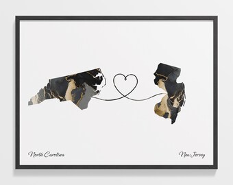 North Carolina New Jersey Map Print: Marble Two-State Art