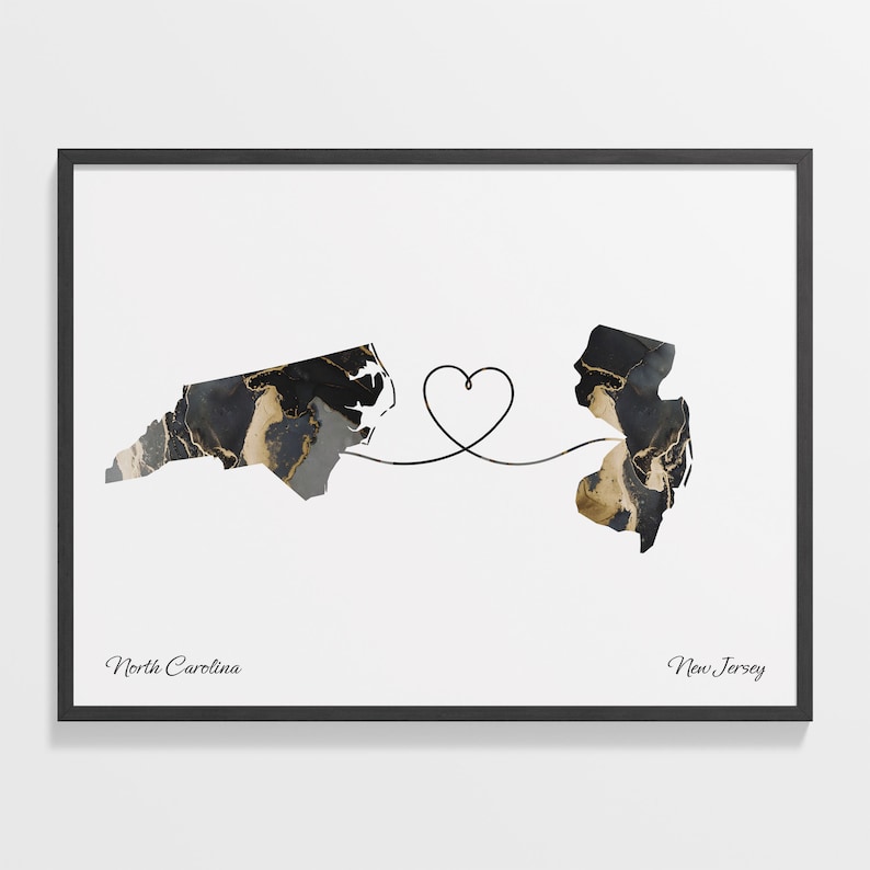 North Carolina New Jersey Map Print: Marble Two-State Art imagem 1