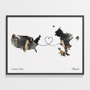 USA to Mayotte Print, Mahoran Gift, Marble Two Countries Map Poster, US Wall Art, Travel Map, C22-119