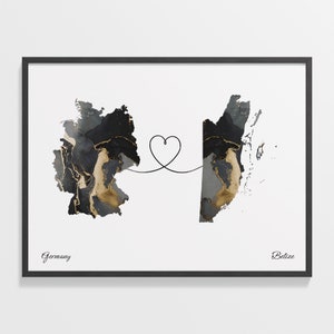 Deutschland nach Belize Druck, Belize Geschenk, Marmor Zwei Länder Karte Poster, Reisekunst, Reisekarte, C22-416