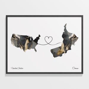 USA to Oman Print, Omani Gift, Marble Two Countries Map Poster, US Wall Art, Goodbye, C22-138