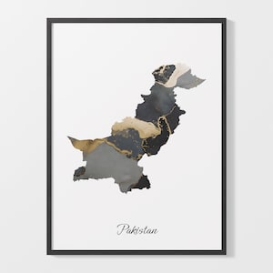 Pakistan Kunst Druck, pakistanische Karte Poster, elegantes Land Kunstwerk, schwarz und gold PK Malerei, Luxus Kartenplakat, C25-139