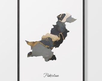 Pakistan Map Art Print: Black and Gold Abstract Country Artwork