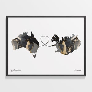 Australia to Iceland Print, Hungarian Gift, Marble Two Countries Map Poster, Travel Art, Home Abroad, C22-876