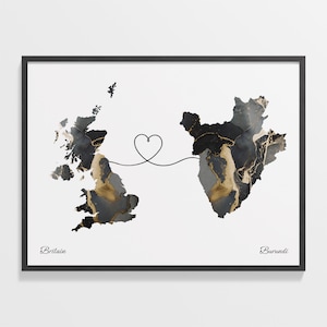Britain to Burundi Print, Burundian Gift, Marble Two Countries Map Poster, UK Wall Art, Expat, C22-228