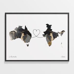 Australia to India Print, Icelandic Gift, Marble Two Countries Map Poster, Travel Art, Home Abroad Gift, C22-877