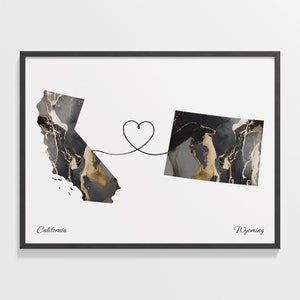 California to Wyoming Print, Wyomingite Gift, Marble Two Countries Map Poster, Travel Art, Welcome Home Gift, C22-1246
