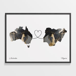 Australia to Nigeria Print, Nigerien Gift, Marble Two Countries Map Poster, Travel Art, Goodbye, C22-930