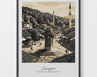 Sarajevo Poster, Beige Cityscape Print on 200 Gsm Matte Paper
