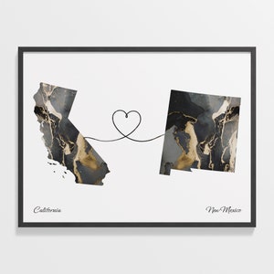 California to New Mexico Print, New Mexican Gift, Marble Two Countries Map Poster, Travel Art, Goodbye, C22-1227
