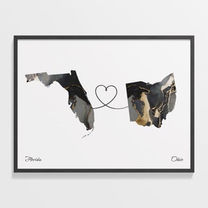 Florida naar Ohio print, Ohioan cadeau, marmer twee landen kaart poster, reizen kunst, tussenjaar kaart, C22-1334