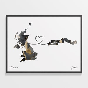 Großbritannien nach Gambia Druck, gambisches Geschenk, Marmor zwei Länder Karte Poster, UK Wandkunst, Abschiedsreise Karte, C22-264