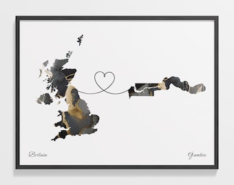 Britain to Gambia Print, Gambian Gift, Marble Two Countries Map Poster, UK Wall Art, Farewell Journey Map, C22-264