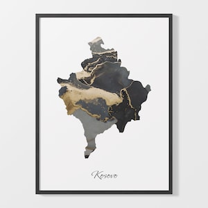 Kosovar Kunstdruck, Kosovar Karte Poster, Elegantes Land Kunstwerk, Schwarz und Gold XK Painting, Eleganter Raumakzent, C 25-97