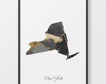 New York Map Art Print: Black and Gold Abstract NY Artwork