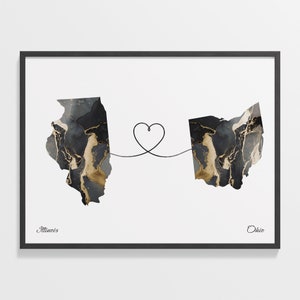 Illinois to Ohio Print, Ohioan Gift, Marble Two Countries Map Poster, Travel Art, Overseas Love Map, C22-1490