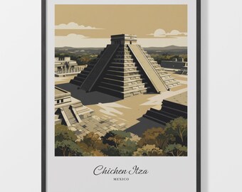Chichen Itza Poster, Beige Pyramid Illustration on 200 Gsm Matte Paper