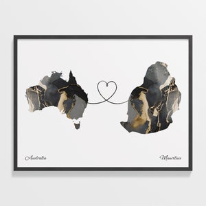 Australia to Mauritius Print, Mauritanian Gift, Marble Two Countries Map Poster, Travel Art, Emigration Gift, C22-913