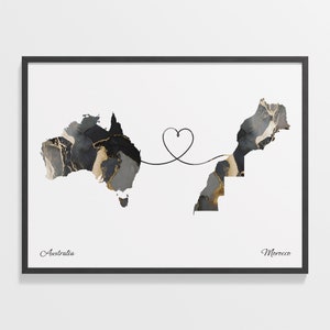 Australia to Morocco Print, Montenegrin Gift, Marble Two Countries Map Poster, Travel Art, Relationship Map, C22-920