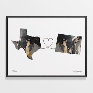 Texas to Wyoming Print, Wyomingite Gift, Marble Two Countries Map Poster, Travel Art, Farewell Map, C22-1298