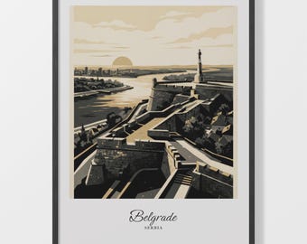 Belgrade Poster, Beige Cityscape Illustration, 200 GSM Matte Paper