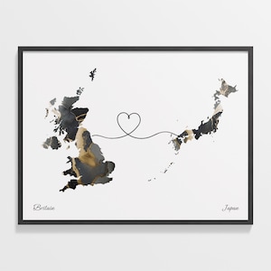 Großbritannien, Japan Druck, Japanisches Geschenk, Marmor Zwei Länder Karte Poster, UK Wandkunst, Global Love Map, C22-290