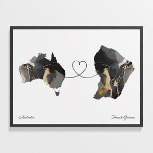Australien Französisch-Guayana Druck, Französisches Geschenk, Marmor Zwei Länder Karte Poster, Reisekunst, Abschiedsreise, C22-857