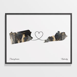 Pennsylvania to Kentucky Print, Kentucky Geschenk, Marmor Zwei Länder Karte Poster, Reisekunst, LDR Geschenk, C22-1420